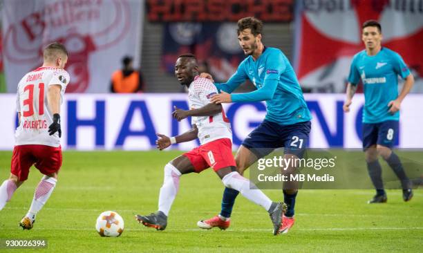 Europa League Round of 16, First leg. Football match at RB Arena: RB Leipzig 2 - 1 Zenit . RB Leipzig's Diego Demme , Naby Leye Keita and Zenit St...