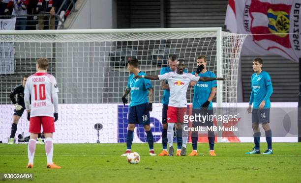 Europa League Round of 16, First leg. Football match at RB Arena: RB Leipzig 2 - 1 Zenit . RB Leipzig's Emil Forsberg , Naby Leye Keita and Zenit St...