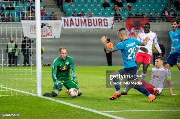 Europa League Round of 16, First leg. Football match at RB Arena: RB Leipzig 2 - 1 Zenit . RB Leipzig's goalkeeper Peter Gulacsi and Zenit St...