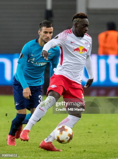 Europa League Round of 16, First leg. Football match at RB Arena: RB Leipzig 2 - 1 Zenit . Zenit St Petersburg's Emanuel Mammana and RB Leipzig's...