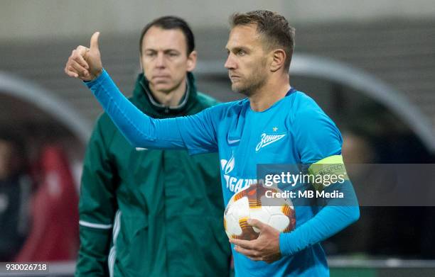 Europa League Round of 16, First leg. Football match at RB Arena: RB Leipzig 2 - 1 Zenit . Zenit St Petersburg's Domenico Criscito.