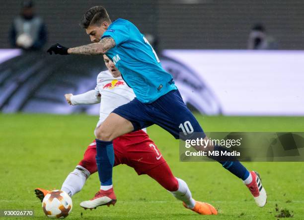 Europa League Round of 16, First leg. Football match at RB Arena: RB Leipzig 2 - 1 Zenit . RB Leipzig's Marcel Sabitzer and Zenit St Petersburg's...