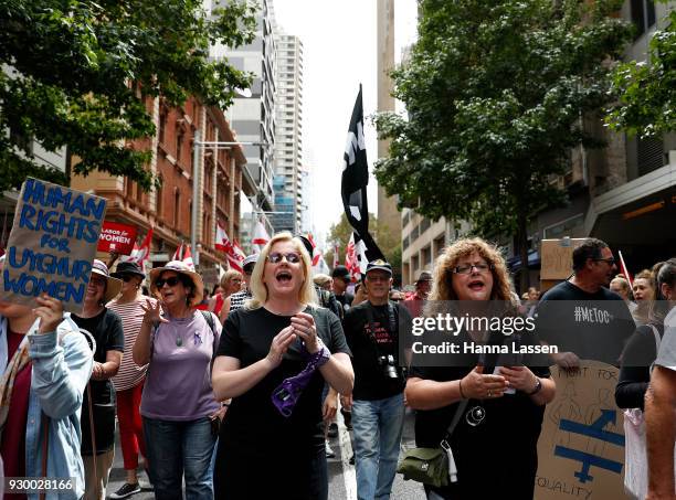 Actress Helen Dallimore marches during the Sydney International Women's Day march on March 10, 2018 in Sydney, Australia. International Women's Day...