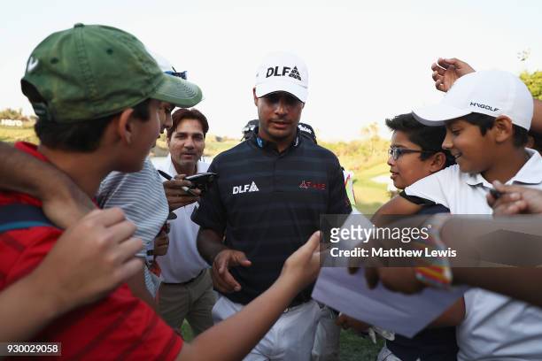Shubhankar Sharma of India walks off the 18th hole after his round during day three of the Hero Indian Open at Dlf Golf and Country Club on March 10,...