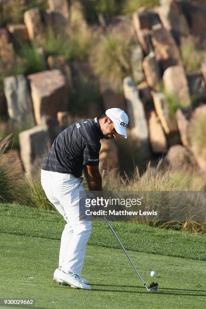Shubhankar Sharma of India plays his second shot on the 17th fairway during day three of the Hero Indian Open at Dlf Golf and Country Club on March...