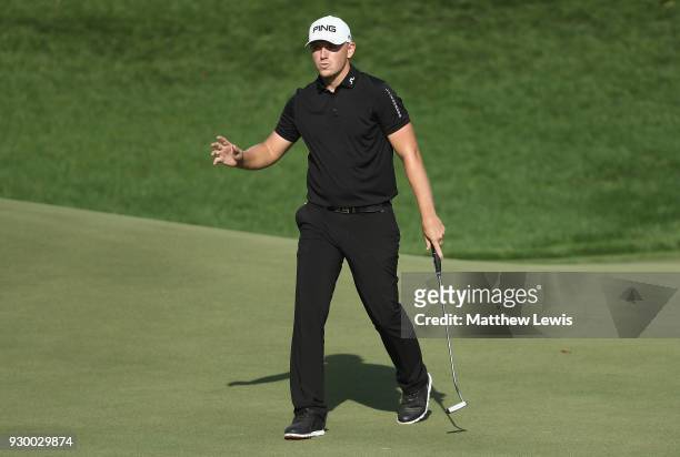 Matt Wallace of England celebrates a putt on the 15th hole during day three of the Hero Indian Open at Dlf Golf and Country Club on March 10, 2018 in...