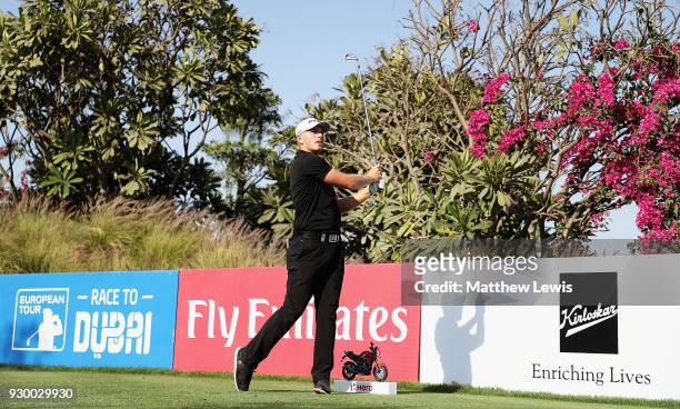 Matt Wallace of England tees offon the 16th hole during day three of the Hero Indian Open at Dlf Golf and Country Club on March 10, 2018 in New...