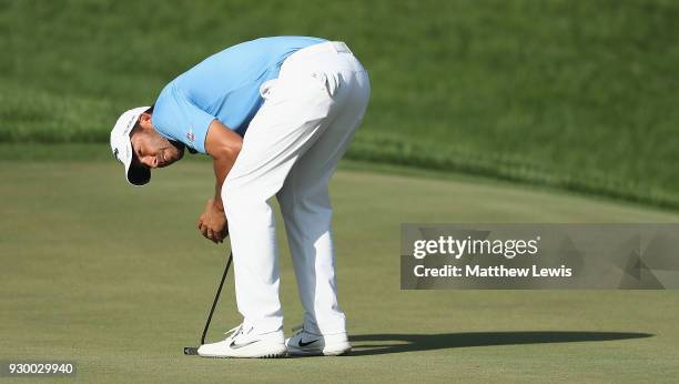 Pablo Larrazabal of Spain looks on, after missing a putt on the 15th green during day three of the Hero Indian Open at Dlf Golf and Country Club on...