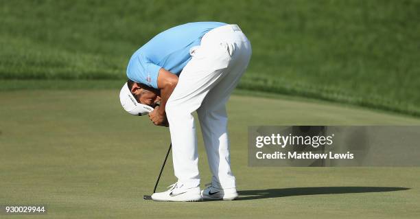 Pablo Larrazabal of Spain looks on, after missing a putt on the 15th green during day three of the Hero Indian Open at Dlf Golf and Country Club on...