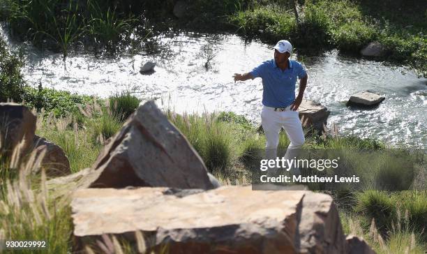 Pablo Larrazabal of Spain looks for his ball on the 16th hole during day three of the Hero Indian Open at Dlf Golf and Country Club on March 10, 2018...