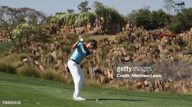 Matthias Schwab of Austria plays his second shot from the 17th fairway during day three of the Hero Indian Open at Dlf Golf and Country Club on March...