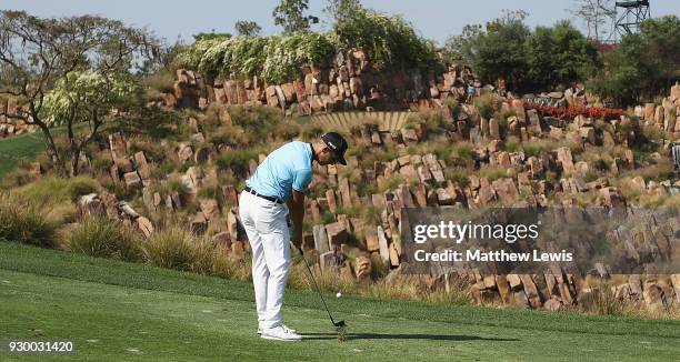 Matthias Schwab of Austria plays his second shot from the 17th fairway during day three of the Hero Indian Open at Dlf Golf and Country Club on March...