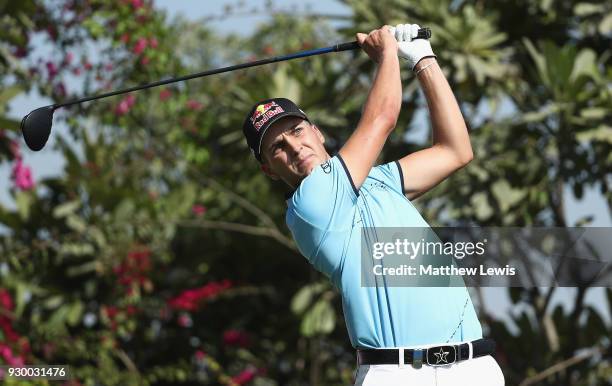 Matthias Schwab of Austria tees offon the 18th hole during day three of the Hero Indian Open at Dlf Golf and Country Club on March 10, 2018 in New...