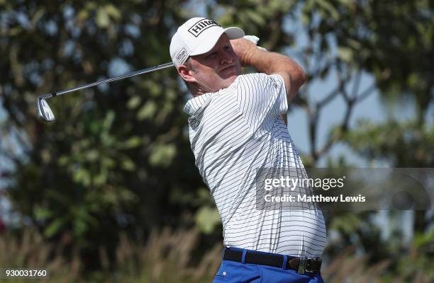 Jamie Donaldson of England tees off on the 16th hole during day three of the Hero Indian Open at Dlf Golf and Country Club on March 10, 2018 in New...