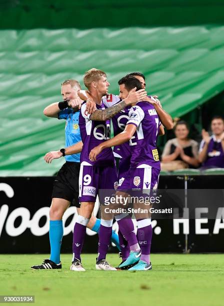 Joel Chianese of the Glory celebrates after scoring during the round 22 A-League match between the Perth Glory and the Central Coast Mariners at nib...