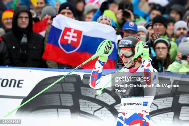 Petra Vlhova of Slovakia celebrates during the Audi FIS Alpine Ski World Cup Women's Slalom on March 10, 2018 in Ofterschwang, Germany.