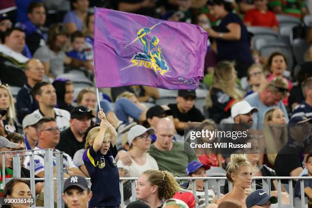 Storm fan shows her support during the round one NRL match between the Canterbury Bulldogs and the Melbourne Storm at Optus Stadium on March 10, 2018...