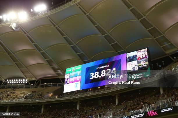 The official attendance figure is displayed on teh screens during the round one NRL match between the Canterbury Bulldogs and the Melbourne Storm at...