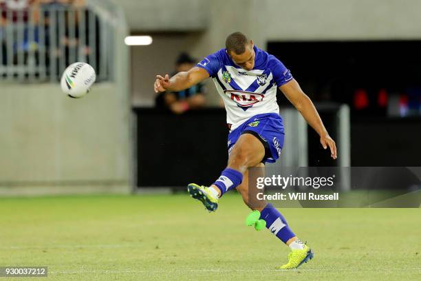 Moses Mbye of the Bulldogs kicks a conversion during the round one NRL match between the Canterbury Bulldogs and the Melbourne Storm at Optus Stadium...