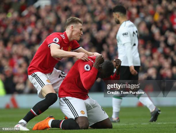 Scott McTominay and Romelu Lukaku of Manchester United celebrate Marcus Rashford scoring their second goal during the Premier League match between...