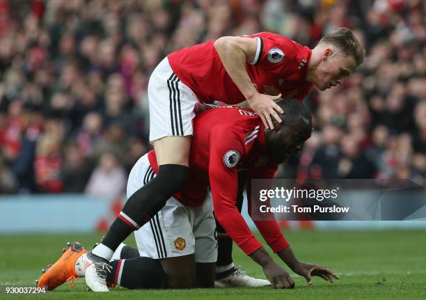 Scott McTominay and Romelu Lukaku of Manchester United celebrate Marcus Rashford scoring their second goal during the Premier League match between...