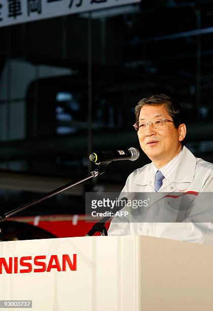 Toshiyuki Shiga, Nissan's chief operating officer, gives a speech during the roll-out ceremony for the new Fuga at the Nissan Tochigi Plant in the...