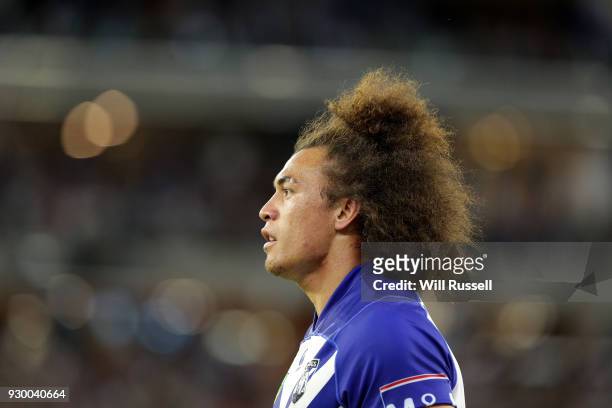 Raymond Faitala-Mariner of the Bulldogs looks on during the round one NRL match between the Canterbury Bulldogs and the Melbourne Storm at Optus...