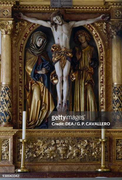 Wooden crucifix with Madonna and saint, 1795-1801, by Martin Knoller , altarpiece from a side altar in Muri Gries abbey, Bolzano, Trentino-Alto...