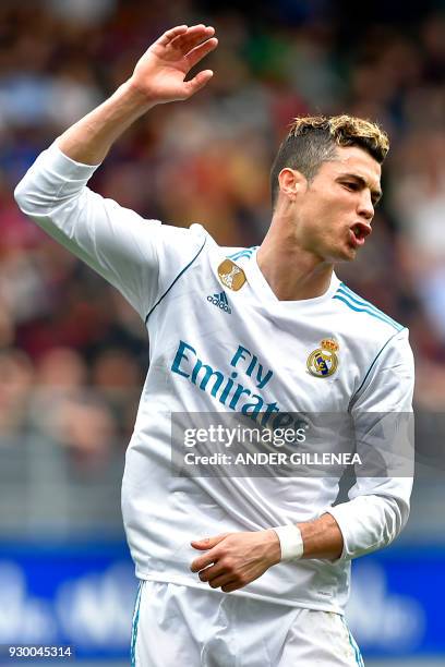 Real Madrid's Portuguese forward Cristiano Ronaldo reacts during the Spanish league football match between Eibar and Real Madrid at the Ipurua...