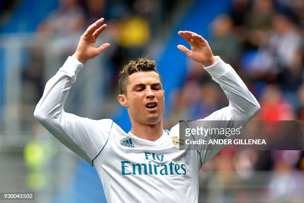 Real Madrid's Portuguese forward Cristiano Ronaldo reacts during the Spanish league football match between Eibar and Real Madrid at the Ipurua...
