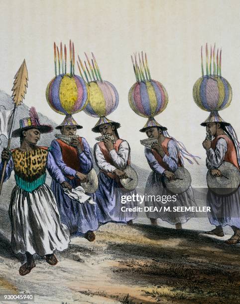 Ritual dance from the Aymara people, indigenous population of Bolivia and Peru, pre-Inca tradition, 12th-13th century, coloured engraving.