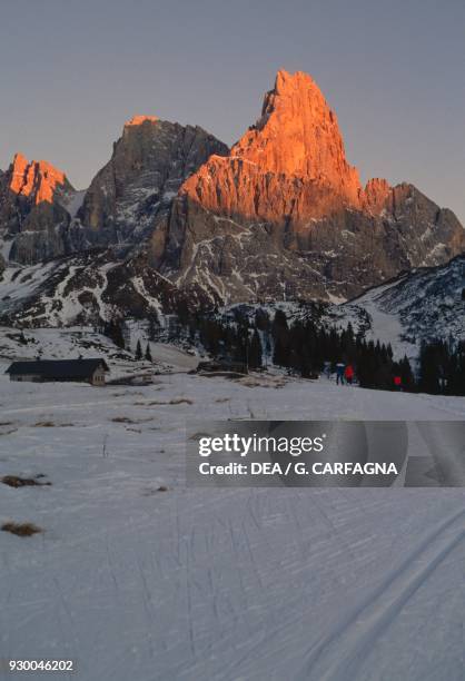 Sunset with Campanili of Val Strut, the Vezzana peak and the Cimon della Pala peak , Pale di San Martino Group, Dolomites , Parkland Paneveggio- Pale...