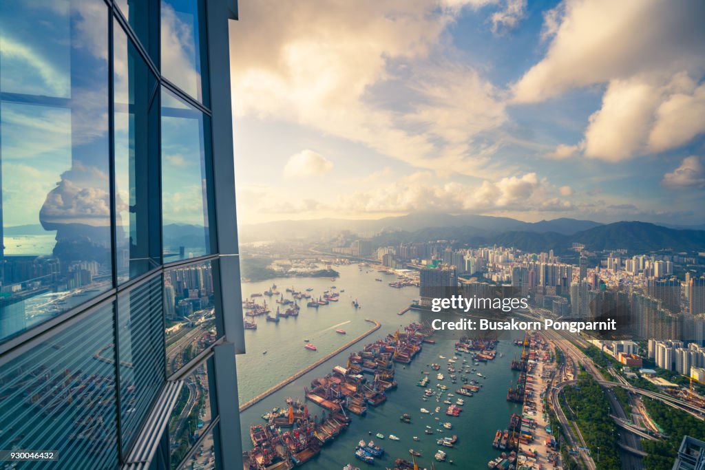 Hong Kong skyline aerial view and  cityscape with sunset time