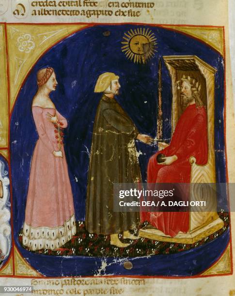 Dante and Beatrice meeting Justinian, scene from Paradise, Canto VI, from The Divine Comedy by Dante Alighieri , Veneto miniature, Italy, 14th...