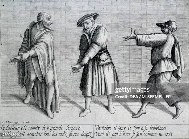 Three characters from the Commedia dell'Arte Italiana, engraving, 17th century.