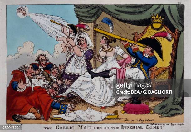 Birth of the King of Rome, Napoleon II son of Napoleon and Marie Louise of Austria, English satirical cartoon, colour print.