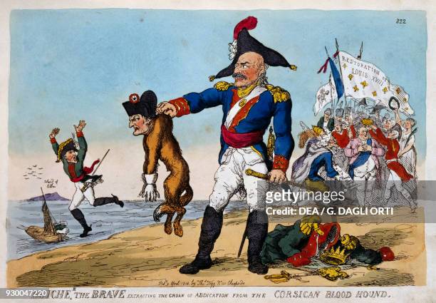 Gebhard Leberecht von Blucher delivering Napoleon Bonaparte to the island of Elba English satirical cartoon, colour print.