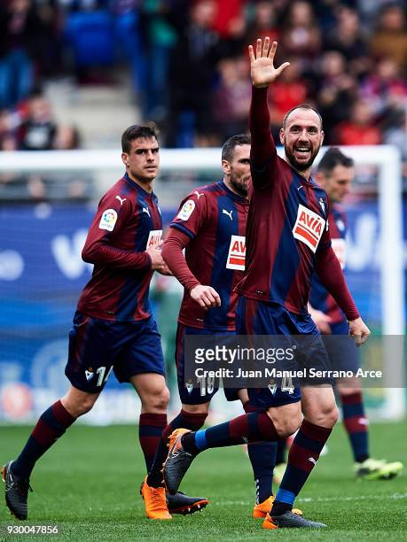 Ivan Ramis of SD Eibar celebrates after scoring goal during the La Liga match between SD Eibar and Real Madrid at Ipurua Municipal Stadium on March...