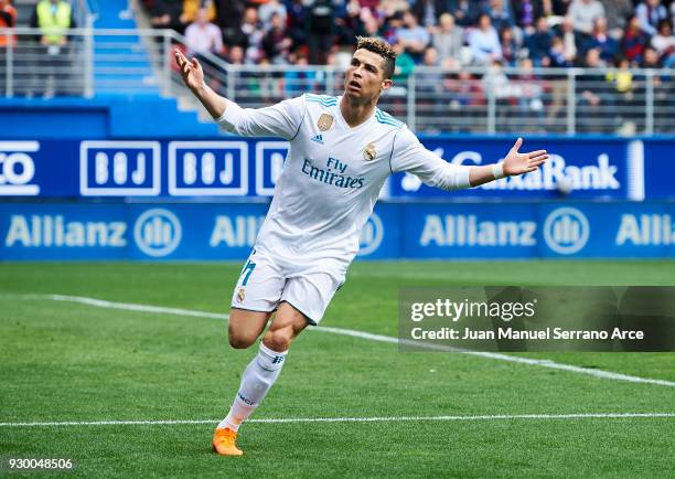 Cristiano Ronaldo of Real Madrid celebrates after scoring goal during the La Liga match between SD Eibar and Real Madrid at Ipurua Municipal Stadium...