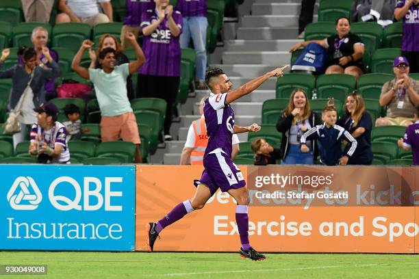 Xavi Torres of the Glory celebrates scoring a goal during the round 22 A-League match between the Perth Glory and the Central Coast Mariners at nib...