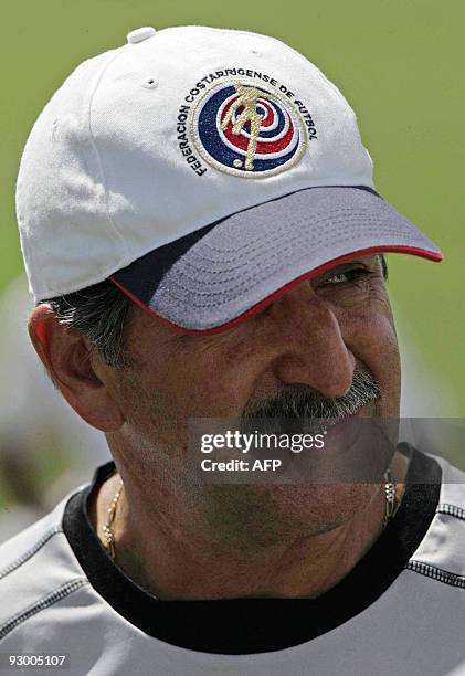 Costa Rican football team coach Brazilian Rene de Simoes talks to local and international media after a training session in the province of Alajuela,...