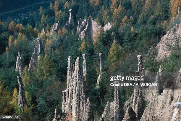 Erosion phenomenon of the Segonzano Earth pyramids, Cembra Valley, Trentino-Alto Adige, Italy.