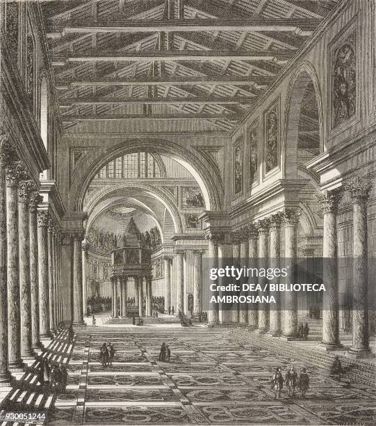 Ancient Constantinian basilica of St Peter, drawing by Hercule Catenacci with a fresco by Viollet-le-Duc, from Rome, 1864-1868, by Francis Wey ,...