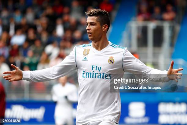 Cristiano Ronaldo of Real Madrid celebrates 1-2 during the La Liga Santander match between Eibar v Real Madrid at the Estadio Municipal de Ipurua on...