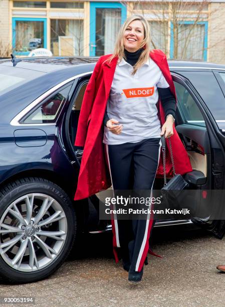 Queen Maxima of The Netherlands arrives to volunteer during the NL Doet at residential care centre 't Hofland in Pijnacker on March 10, 2018 in...