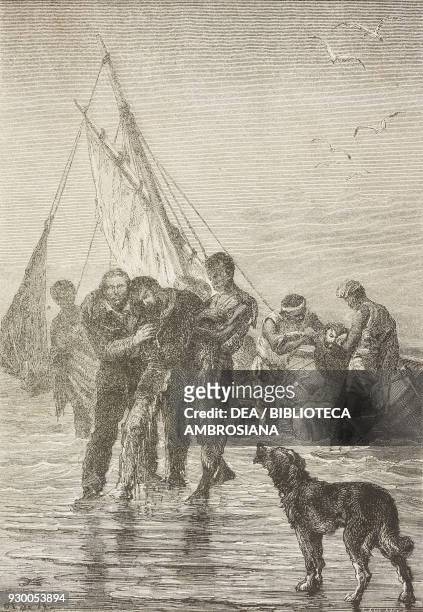Musgrave, Raynal and McLaren arriving in Port Adventure, New Zealand, drawing by Alphonse de Neuville from a sketch by Raynal, from Wrecked on a...
