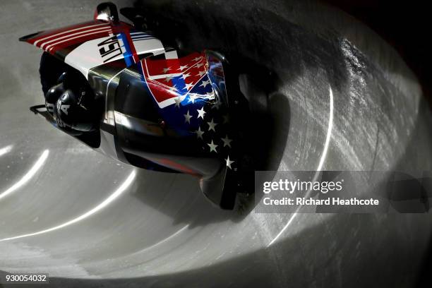 Justin Olsen of the USA pilots his sled during 4-man Bobsleigh training on day 13 of the Pyeongchang 2018 Winter Olympics on February 22, 2018 in...