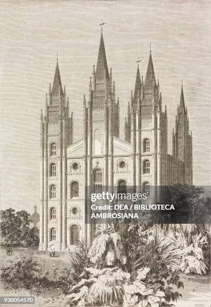 Facade of the Mormon temple, United States of America, drawing by Emile Therond from a sketch by Jules Remy , from The City of the Saints, among the...