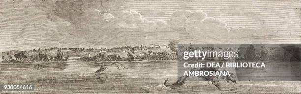 View of Nauvoo, Mormon settlement, Illinois, United States of America, drawing by Francois-Fortune Ferogio from a sketch by Jules Remy , from The...