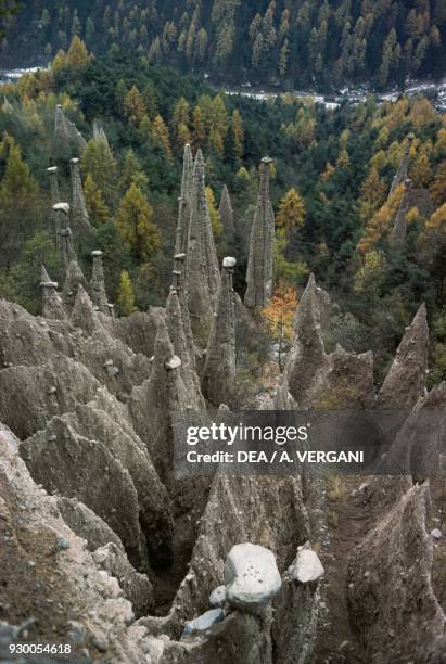 Erosion phenomenon of the Segonzano Earth pyramids, Cembra Valley, Trentino-Alto Adige, Italy.